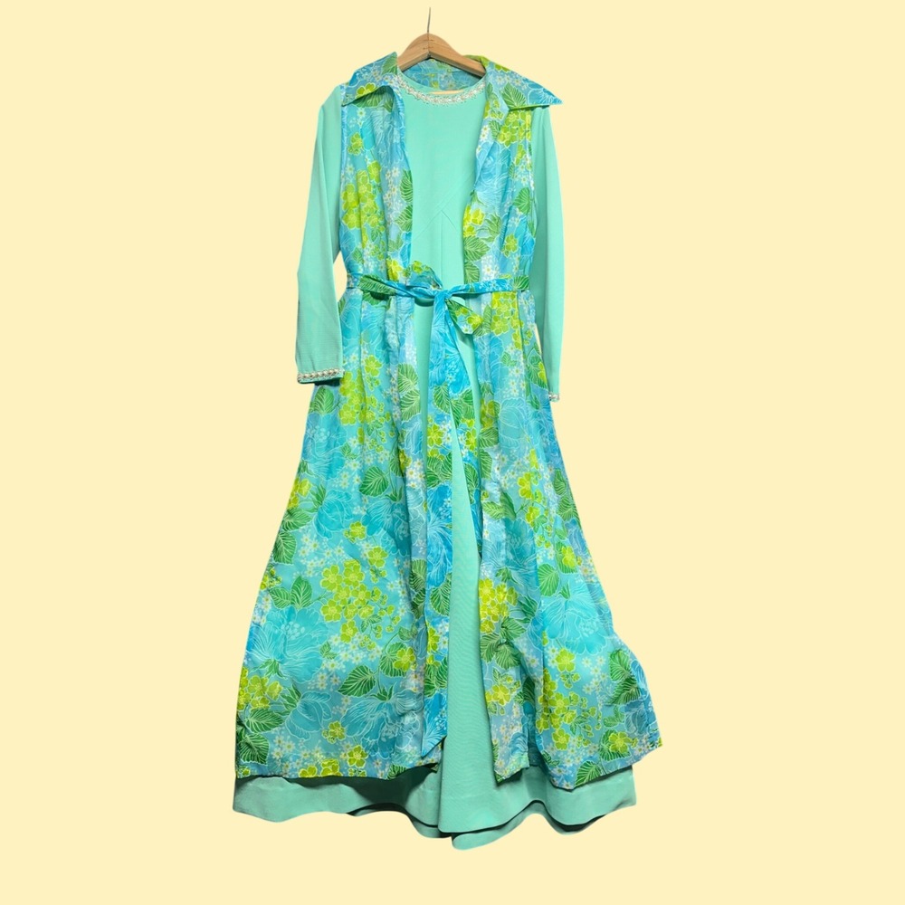 Vintage 60s hostess dress sheer coat set maxi twee empire waist duster handmade